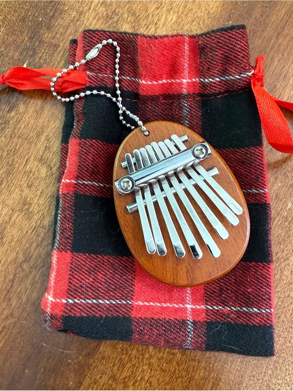 Source Unknown Wooden Mini Kalimba with Red Plaid Pouch